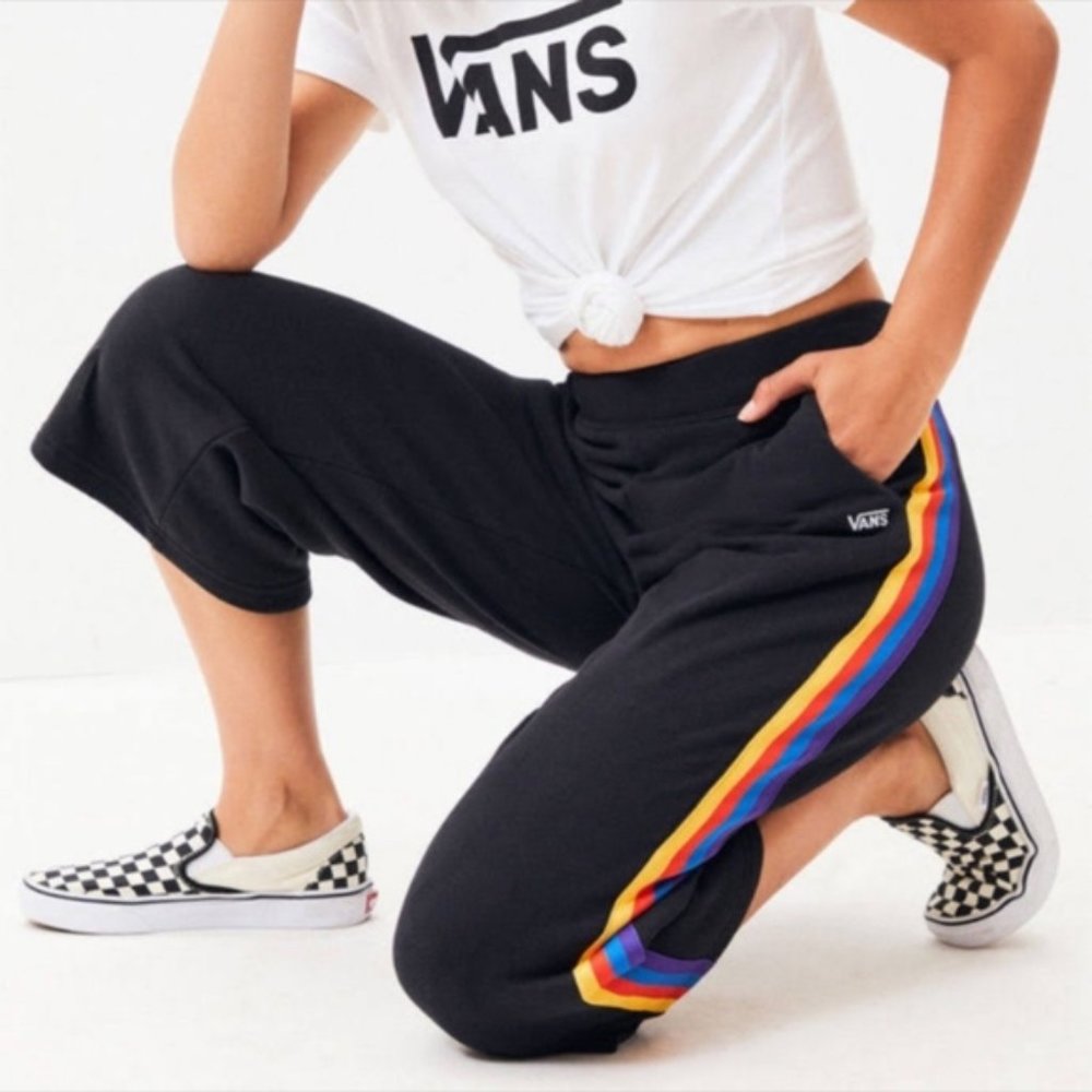 NWT VANS Rainee Rainbow Crop Pants Black Stripe XS